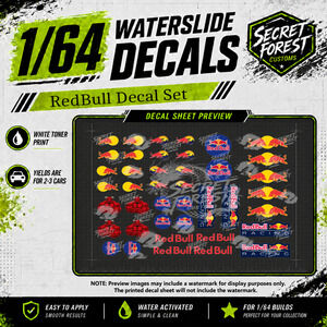 1:64 Scale RedBull Livery Waterslide Decal Set White Toner Printed Fits Most Car